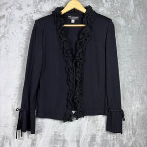 ST JOHN EVENING Cardigan Ruffle Sleeve Size 8 Santana Knit Black Sweater READ